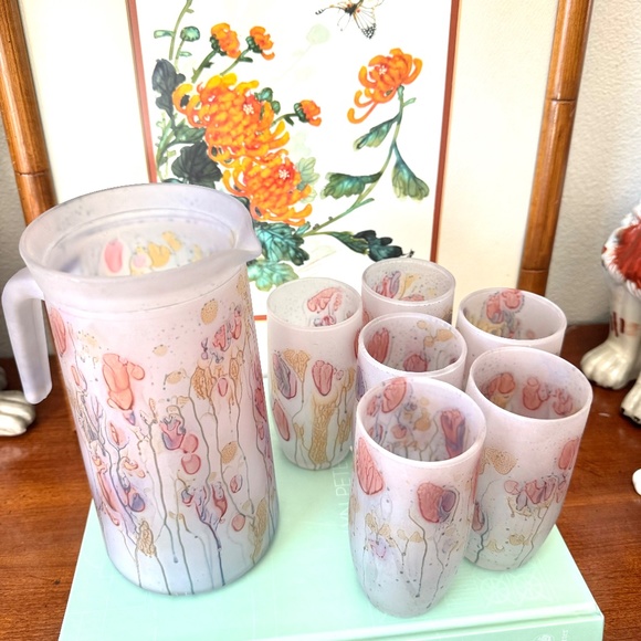 Rueven Vintage Nouveau Art Glass Company Pitcher & 6 glasses Italy Hand Painted - Picture 2 of 8